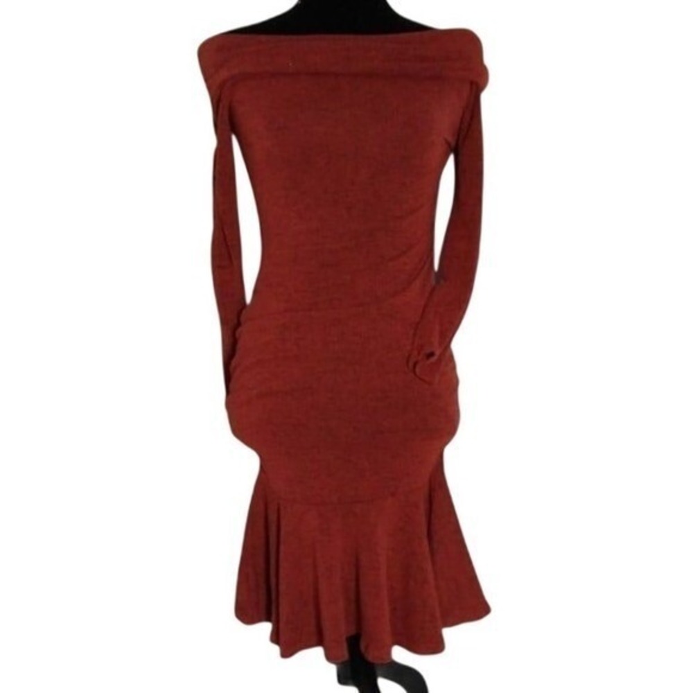 Fashion Nova Off Shoulder Bodycon Dress Ruffle Hem Long Sleeve‎ Rust S